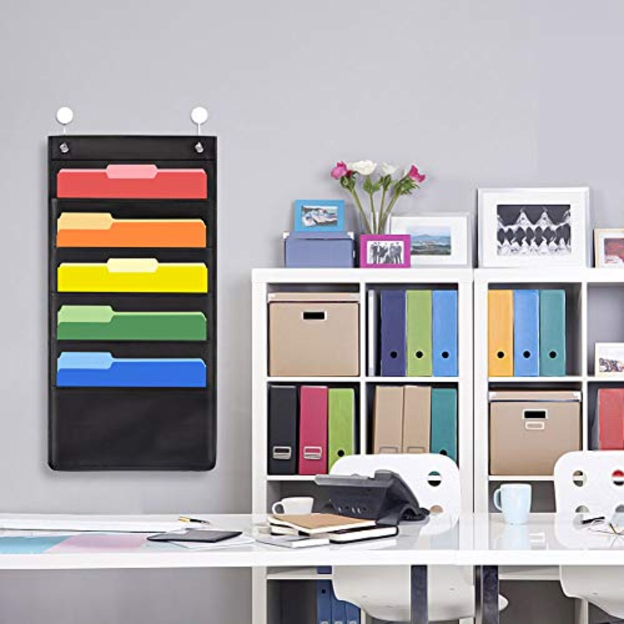 2 Pack - 5 Pockets Hanging Wall File Organizer with 4 Hooks, Hanging Pocket Chart - Hanging Storage Organizer for School, Home or Office Wall Pocket Chart, Black, 2 Pack